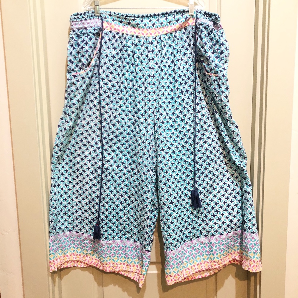Anthropologie 3x print cotton wide leg drawstring crop pants boho festival gypsy